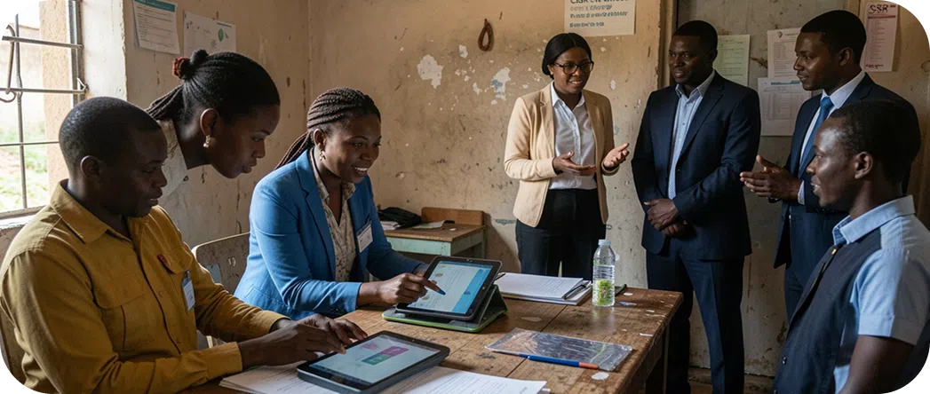 Students using tablets in a low-resource classroom